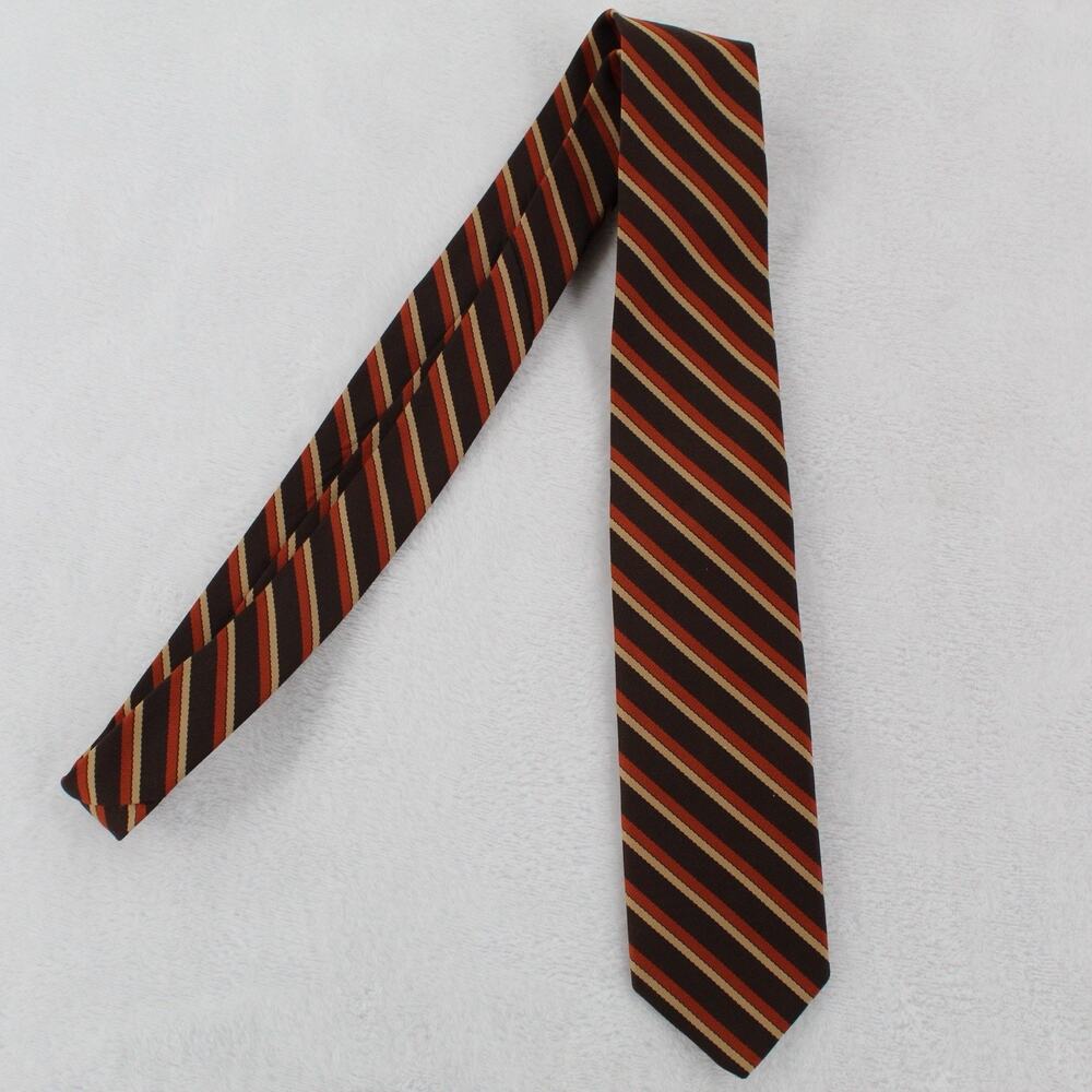 Vintage 1980s Dino Orsini Made In Italy Striped Polyester Necktie Brown Rust Tan - Picture 2 of 6